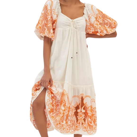 Anthropologie Dresses & Skirts - Anthropologie Tina Puff-Sleeved Orange Embroidered on Cream/Ivory Maxi Dress